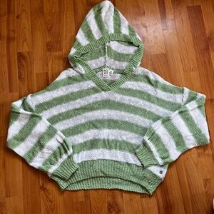 Roxy Green and White V-Neck Sweater with Bold Stripes